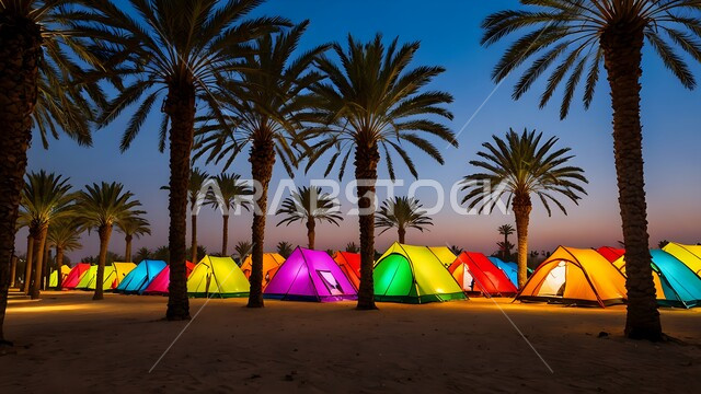 Camping among a group of palm trees in gardens, parks, and natural reserves in the Kingdom of Saudi Arabia, local agricultural crops and products, tourist camps in wild areas, kashta, and a youth wilderness session.
