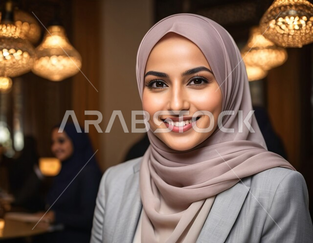 أزياء محجبات عصرية وأنيقة، مفهوم الأنوثة والنعومة، الاهتمام بالأناقة والمظهر الخارجي، صورة مقربة لشابة عربية خليجية سعودية محجبة تنظر إلى الكاميرا بإيماءات الثقة بالنفس