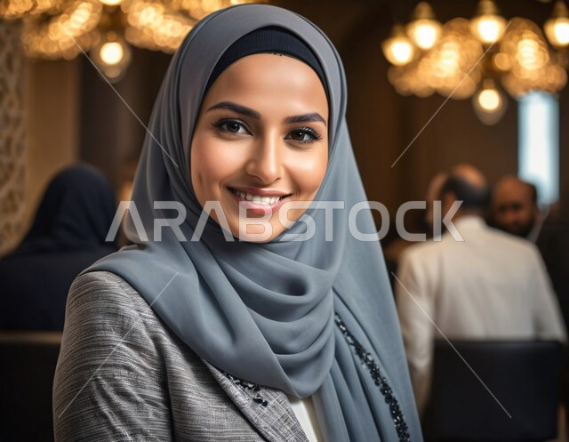 Attention to elegance and appearance, the concept of femininity and softness, modern and elegant veiled fashion, a close-up of a veiled Saudi Arabian Gulf young woman looking at the camera with gestures of self-confidence