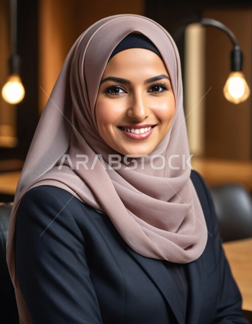 أزياء محجبات عصرية وأنيقة، مفهوم الأنوثة والنعومة، الاهتمام بالأناقة والمظهر الخارجي، صورة مقربة لشابة عربية خليجية سعودية محجبة تنظر إلى الكاميرا بإيماءات الثقة بالنفس