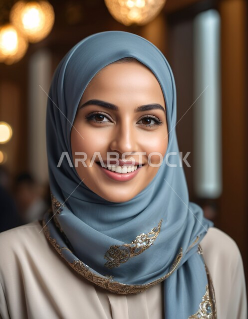 الاهتمام بالأناقة والمظهر الخارجي، مفهوم الأنوثة والنعومة، أزياء محجبات عصرية وأنيقة، صورة مقربة لشابة عربية خليجية سعودية محجبة تنظر إلى الكاميرا بإيماءات الثقة بالنفس