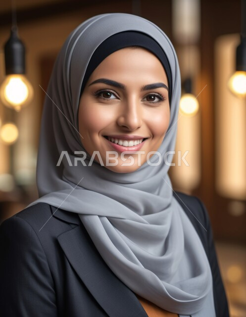 مفهوم الأنوثة والنعومة، الاهتمام بالأناقة والمظهر الخارجي، أزياء محجبات عصرية وأنيقة، صورة مقربة لشابة عربية خليجية سعودية محجبة تنظر إلى الكاميرا بإيماءات الثقة بالنفس