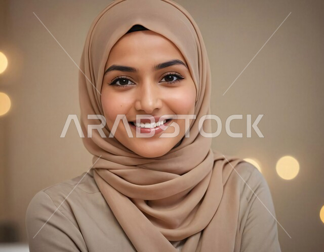 الاهتمام بالأناقة والمظهر الخارجي، مفهوم الأنوثة والنعومة، أزياء محجبات عصرية وأنيقة، صورة مقربة لشابة عربية خليجية سعودية محجبة تنظر إلى الكاميرا بإيماءات الثقة بالنفس