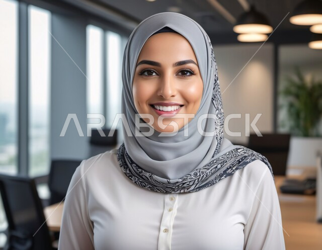 مهن و وظائف نسائية مكتبية، صورة مقربة لسيدة عربية خليجية سعودية محجبة مبتسمة ترتدي  تنظر الى الكاميرا بإيماءات السرور والثقة بالنفس، الاهتمام بالأناقة والمظهر الخارجي، شركات المملكة العربية السعودية
