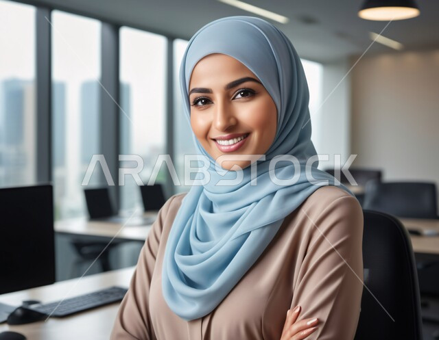الاهتمام بالأناقة والمظهر الخارجي، شركات المملكة العربية السعودية، مهن و وظائف نسائية مكتبية، صورة مقربة لسيدة عربية خليجية سعودية محجبة مبتسمة ترتدي  تنظر الى الكاميرا بإيماءات السرور والثقة بالنفس