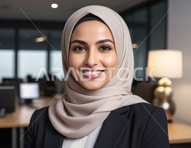مهن و وظائف نسائية مكتبية، صورة مقربة لسيدة عربية خليجية سعودية محجبة مبتسمة ترتدي  تنظر الى الكاميرا بإيماءات السرور والثقة بالنفس، الاهتمام بالأناقة والمظهر الخارجي، شركات المملكة العربية السعودية