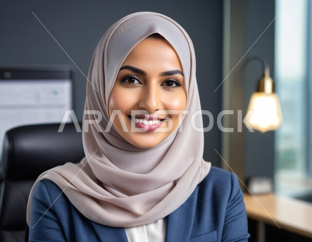 الاهتمام بالأناقة والمظهر الخارجي، شركات المملكة العربية السعودية، مهن و وظائف نسائية مكتبية، صورة مقربة لسيدة عربية خليجية سعودية محجبة مبتسمة ترتدي  تنظر الى الكاميرا بإيماءات السرور والثقة بالنفس