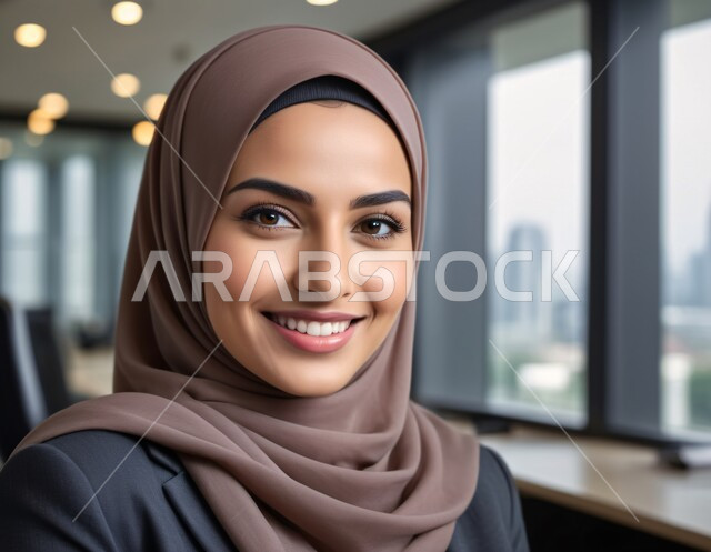 مهن و وظائف نسائية مكتبية، صورة مقربة لسيدة عربية خليجية سعودية محجبة مبتسمة ترتدي  تنظر الى الكاميرا بإيماءات السرور والثقة بالنفس، الاهتمام بالأناقة والمظهر الخارجي، شركات المملكة العربية السعودية