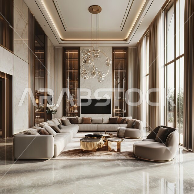 Windows and glass facades overlooking nature, modern-style living room interior designs, living room with luxurious white home furniture, sophisticated interior decor for villas and residential apartments in the Kingdom of Saudi Arabia