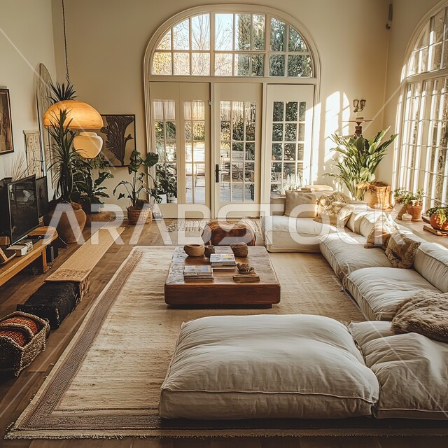 النوافذ والواجهات الزجاجية المطلة على الطبيعة، التصاميم الداخلية لغرف الجلوس على الطراز الحديث، غرفة معيشة مع أثاث منزلي فاخر باللون الابيض، ديكور داخلي راقي للفلل والشقق السكنية في المملكة العربية السعودية