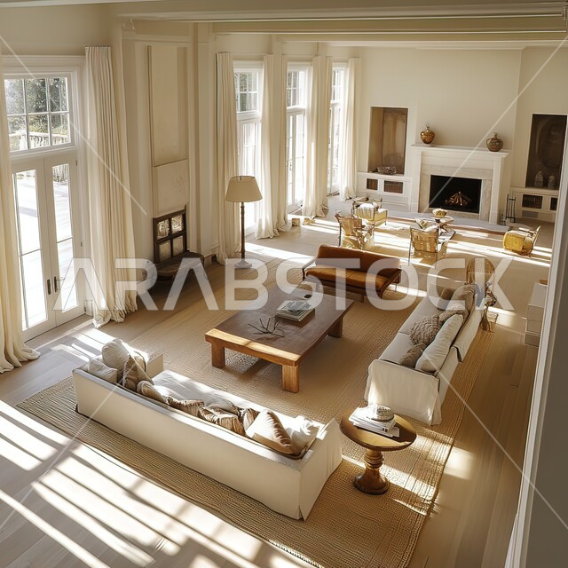 النوافذ والواجهات الزجاجية المطلة على الطبيعة، التصاميم الداخلية لغرف الجلوس على الطراز الحديث، غرفة معيشة مع أثاث منزلي فاخر باللون الابيض، ديكور داخلي راقي للفلل والشقق السكنية في المملكة العربية السعودية