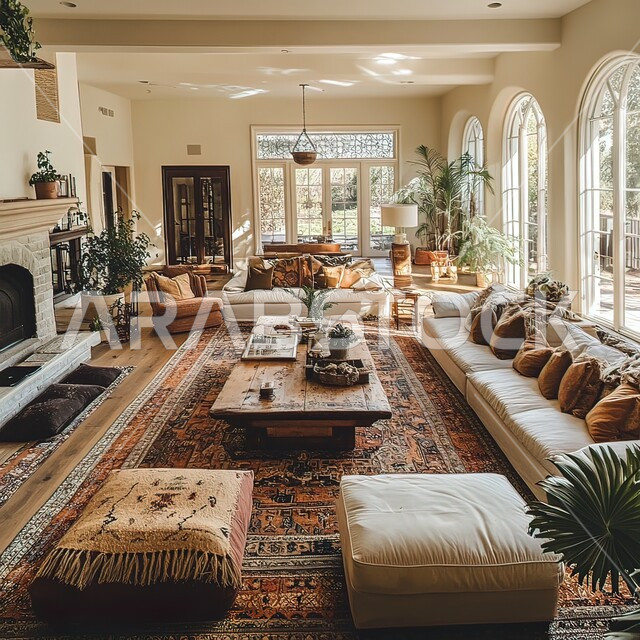 Windows and glass facades overlooking nature, modern-style living room interior designs, living room with luxurious white home furniture, sophisticated interior decor for villas and residential apartments in the Kingdom of Saudi Arabia