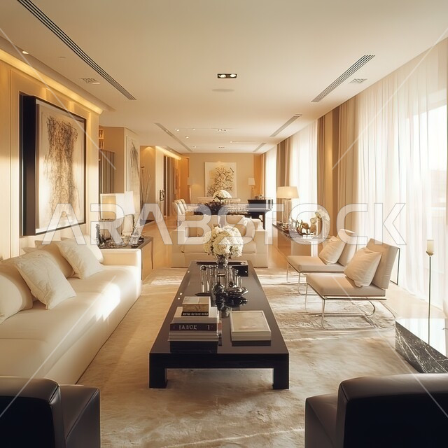 Windows and glass facades overlooking nature, modern-style living room interior designs, living room with luxurious white home furniture, sophisticated interior decor for villas and residential apartments in the Kingdom of Saudi Arabia