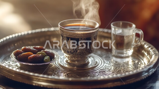 فنجان من القهوة العربية الخليجية مع التمر الشهي، أصالة العادات والتقاليد، الاستمتاع بالمشروبات الساخنة، منتجات محلية وطنية، كرم الضيافة وحسن الاستقبال في المملكة العربية السعودية