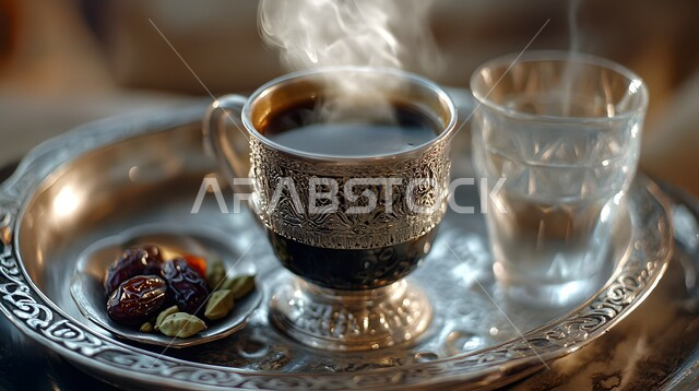 Authentic customs and traditions, a cup of delicious Gulf Arabic coffee with dates, enjoying hot drinks, local national products, generous hospitality and warm welcome in the Kingdom of Saudi Arabia