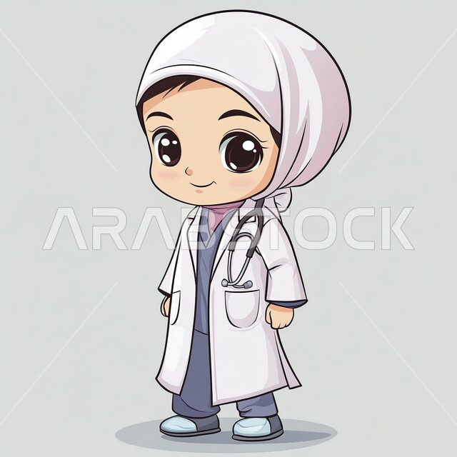 رسوم توضيحية ثلاثية الأبعاد لطبيبة عربية خليجية سعودية محجبة ترتدي المعطف الابيض والسماعة، تقديم الخدمات العلاجية في المستشفيات، مفهوم الطب والرعاية الصحية، العمل في القطاع الطبي، صورة الجسم بالطول الكامل، خلفية رمادية