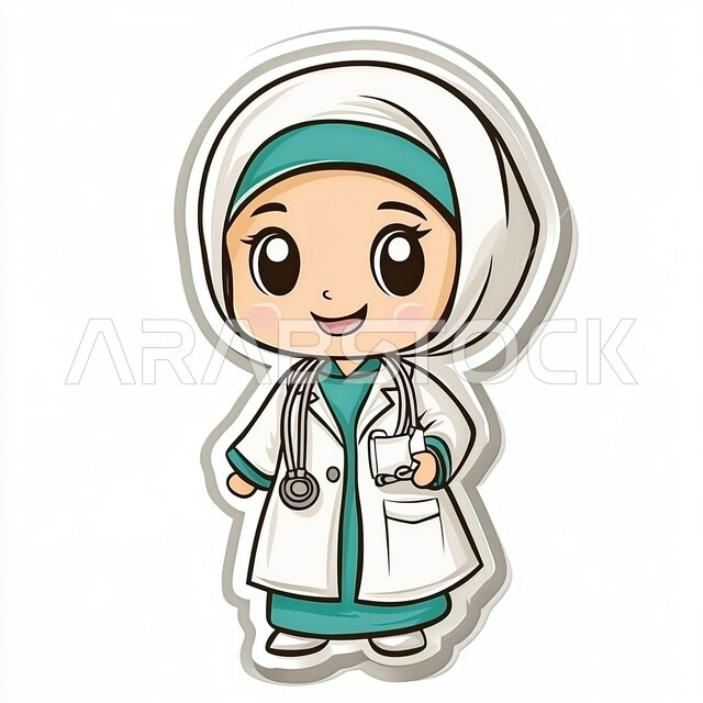 العمل في القطاع الطبي، تقديم الخدمات العلاجية في المستشفيات، مفهوم الطب والرعاية الصحية، رسوم توضيحية ثلاثية الأبعاد لطبيبة عربية خليجية سعودية محجبة ترتدي المعطف الابيض والسماعة، صورة الجسم بالطول الكامل، خلفية بيضاء