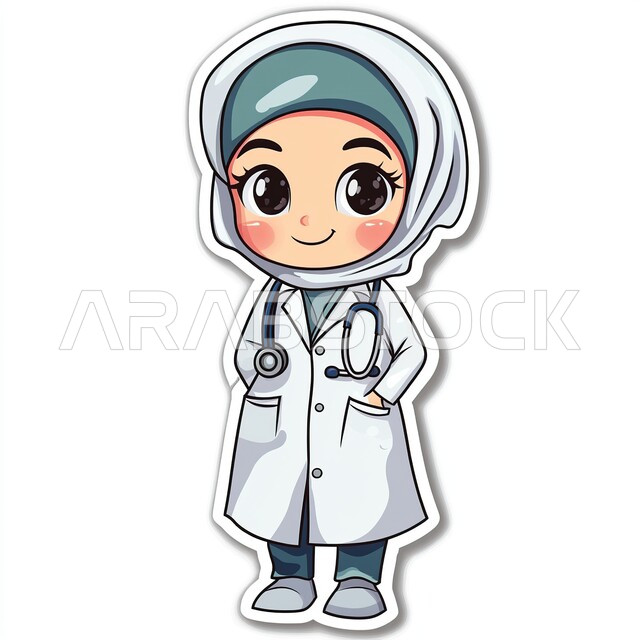 العمل في القطاع الطبي، تقديم الخدمات العلاجية في المستشفيات، مفهوم الطب والرعاية الصحية، رسوم توضيحية ثلاثية الأبعاد لطبيبة عربية خليجية سعودية محجبة ترتدي المعطف الابيض والسماعة، صورة الجسم بالطول الكامل، خلفية بيضاء