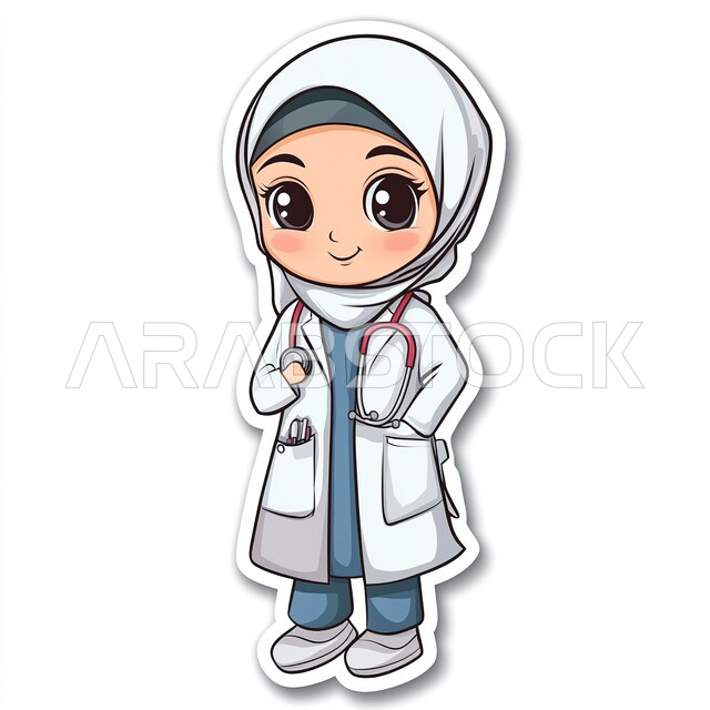 Working in the medical sector, providing medical services in hospitals, the concept of medicine and health care, 3D illustration of a veiled Saudi Arabian Gulf female doctor wearing a white coat and a stethoscope, full-length body image, white background