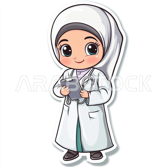 العمل في القطاع الطبي، تقديم الخدمات العلاجية في المستشفيات، مفهوم الطب والرعاية الصحية، رسوم توضيحية ثلاثية الأبعاد لطبيبة عربية خليجية سعودية محجبة ترتدي المعطف الابيض والسماعة، صورة الجسم بالطول الكامل، خلفية بيضاء