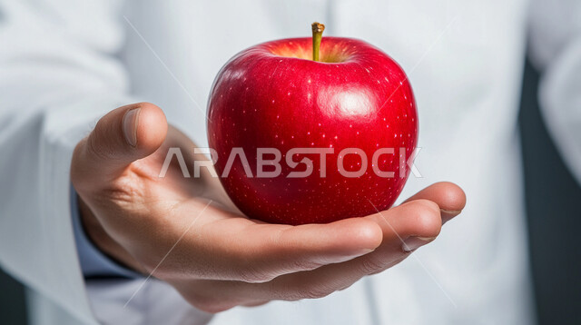 Meeting the body's essential needs, quality of Saudi local crops, selection of the finest fresh fruits, close-up of the hands of a young Saudi Arabian Gulf man wearing traditional thobe holding a red apple, a light healthy meal