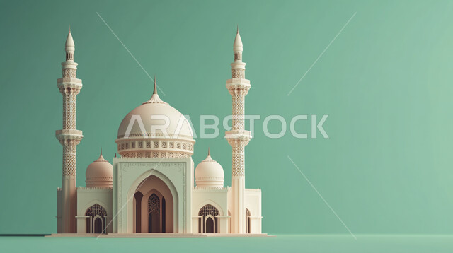 العبادة والتقرب الى الله في شهر رمضان المبارك، مجسم ثلاثي الابعاد لمسجد على الطراز الاسلامي، تصاميم اسلامية دينية، زينة وديكورات الاعياد والمناسبات الدينية، أجواء رمضانية روحانية، خلفية زرقاء