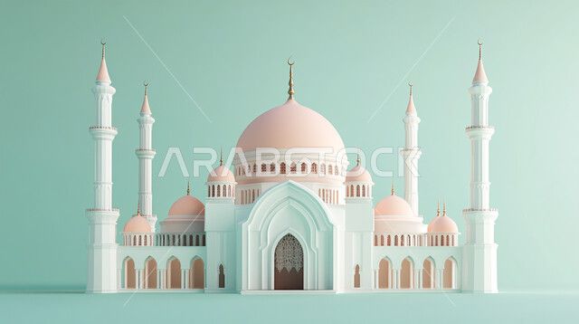 3D model of an Islamic style mosque, worship and getting closer to God in the holy month of Ramadan, Islamic religious designs, decorations and decorations for religious holidays and occasions, spiritual Ramadan atmosphere, blue background