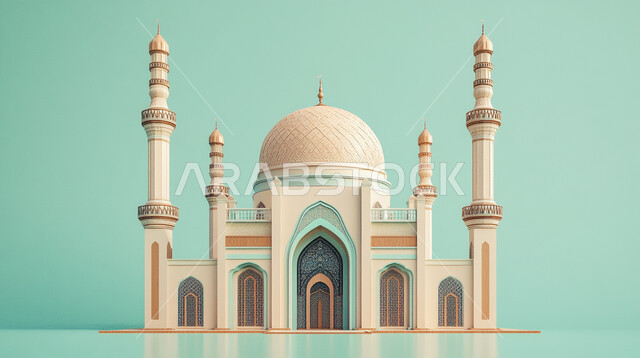 العبادة والتقرب الى الله في شهر رمضان المبارك، مجسم ثلاثي الابعاد لمسجد على الطراز الاسلامي، تصاميم اسلامية دينية، زينة وديكورات الاعياد والمناسبات الدينية، أجواء رمضانية روحانية، خلفية زرقاء