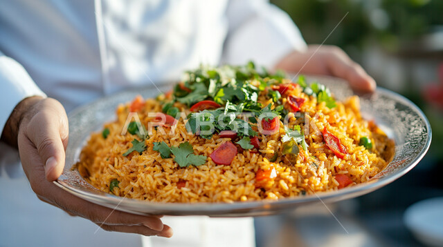 طبق من أرز الكبسة المزين بالخضراوات، فن تقديم الطعام الشعبي في المملكة العربية السعودية، أطباق شرقية عربية، صورة مقربة لايدي شيف عربي خليجي سعودي يحمل صحن من رز المندي، مطاعم الوصفات الخليجية المشهورة، مأكولات وأطعمة شهية