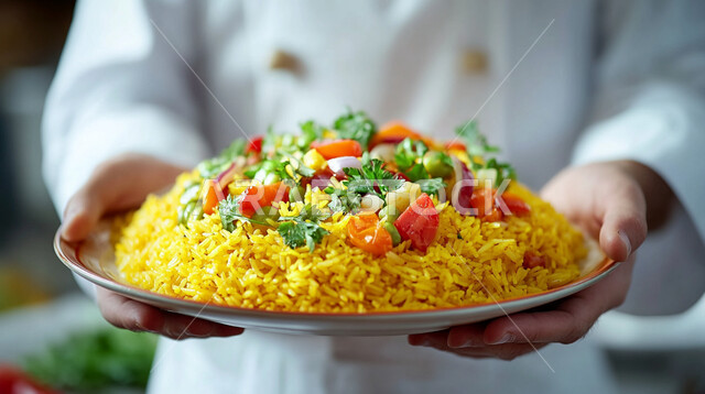 طبق من أرز الكبسة المزين بالخضراوات، فن تقديم الطعام الشعبي في المملكة العربية السعودية، أطباق شرقية عربية، صورة مقربة لايدي شيف عربي خليجي سعودي يحمل صحن من رز المندي، مطاعم الوصفات الخليجية المشهورة، مأكولات وأطعمة شهية