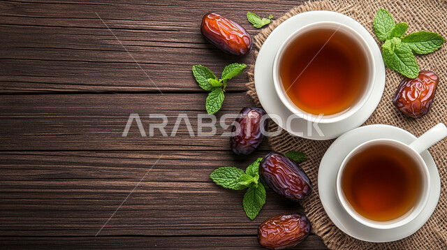 المشروبات الصحية الساخنة، المنتجات والمحاصيل المحلية الوطنية في المملكة العربية السعودية، كأس من الشاي مع حبات التمر الطازجة، وجبة ذات قيمة غذائية عالية، فطور صحي ومفيد، خلفية خشبية