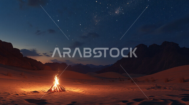 الاستمتاع بالأجواء الهادئة، جلسة بر عربية شعبية، منظر شعلة الحطب في وسط الصحراء، النيران المشتعلة على الرمال الذهبية الناعمة، المناطق الصحراوية في المملكة العربية السعودية
