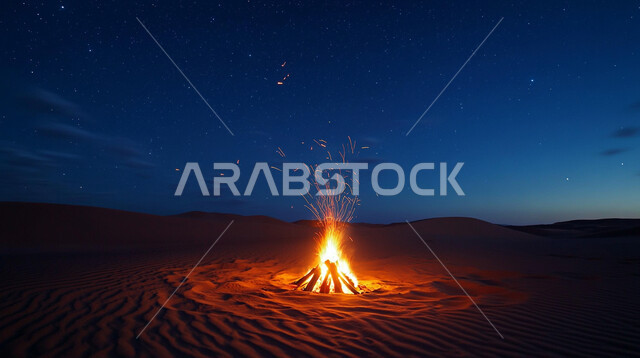 الاستمتاع بالأجواء الهادئة، جلسة بر عربية شعبية، منظر شعلة الحطب في وسط الصحراء، النيران المشتعلة على الرمال الذهبية الناعمة، المناطق الصحراوية في المملكة العربية السعودية