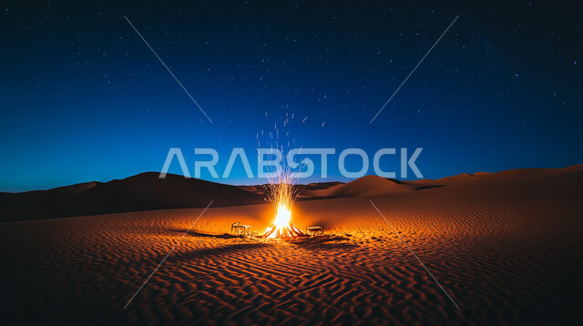 جلسة بر عربية شعبية، منظر شعلة الحطب في وسط الصحراء، النيران المشتعلة على الرمال الذهبية الناعمة، المناطق الصحراوية في المملكة العربية السعودية، الاستمتاع بالأجواء الهادئة