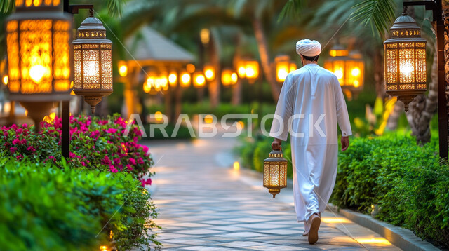 تحف وديكورات تقليدية للاحتفال بقدوم شهر رمضان المبارك، فوانيس عربية معدنية مزخرفة مضيئة معلقة، صورة من الخلف لرجل عربي خليجي اماراتي يرتدي الكندورة والعمامة يحمل بيده مصباح، زينة الأعياد والمناسبات الدينية، أجواء رمضانية وروحانية إسلامية