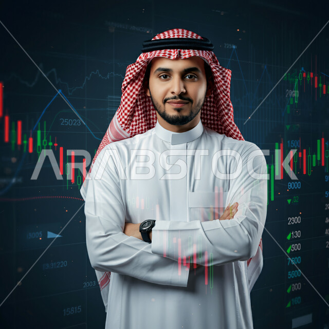 إنجاز وتحقيق أهداف الشركة، دمج التكنولوجيا المتطورة في العمل، مراقبة ارتفاع وانخفاض الأسهم في سوق البورصه، صورة مقربة لرجل أعمال عربي خليجي سعودي يرتدي الثوب التقليدي والشماغ يقف بتعابير أيدي متقاطعة  أمام الشاشة لمتابعة مخطط الرسم البياني، النظر الى الكاميرا بإيماءات الفخر والسرور