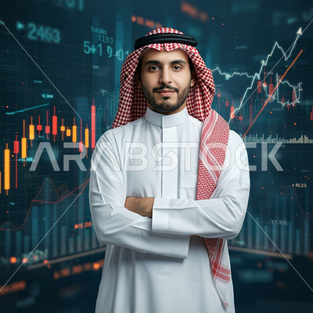 إنجاز وتحقيق أهداف الشركة، دمج التكنولوجيا المتطورة في العمل، مراقبة ارتفاع وانخفاض الأسهم في سوق البورصه، صورة مقربة لرجل أعمال عربي خليجي سعودي يرتدي الثوب التقليدي والشماغ يقف بتعابير أيدي متقاطعة  أمام الشاشة لمتابعة مخطط الرسم البياني، النظر الى الكاميرا بإيماءات الفخر والسرور