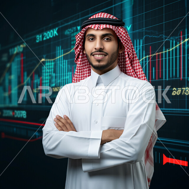 Achieving and achieving company goals, integrating advanced technology into work, monitoring the rise and fall of stocks in the stock market, close-up of a Saudi Arabian Gulf businessman wearing traditional thobe and shemagh standing with crossed hands in front of the screen to follow the chart, looking at the camera with gestures of pride and pleasure