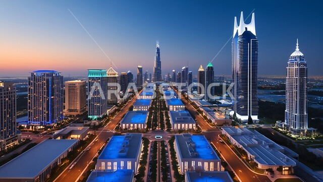 الفن الهندسي المعماري للأبراج وناطحات السحاب, رؤية مستقبلية 2031 , منظر تخيلي مستقبلي للتقدم والنمو العمراني للمباني والمنشآت السكنية والتجارية الشاهقة في الامارات العربية المتحدة, بناء مستقبل حضاري ومتطور