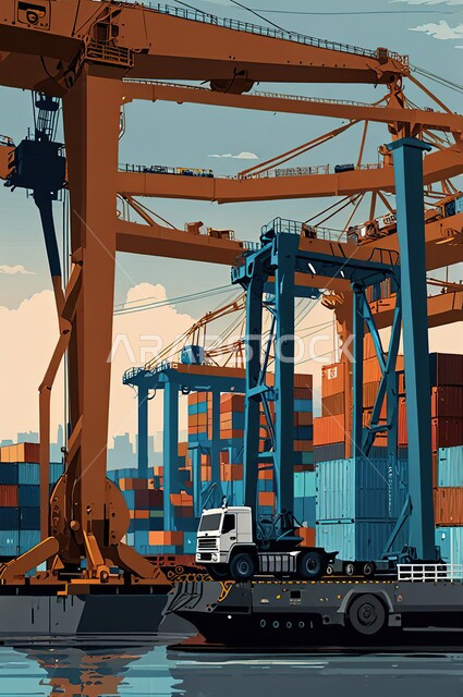 مفهوم التحميل والتفريغ والتسليم، ساحة شحن البضائع في محطة الميناء، مرفأ تجاري لتوصيل السلع والمنتجات المحلية في البحار، مفهوم التجارة والصناعة والاقتصاد البحري، استخدام الرافعات في تعبئة وشحن البضائع التجارية