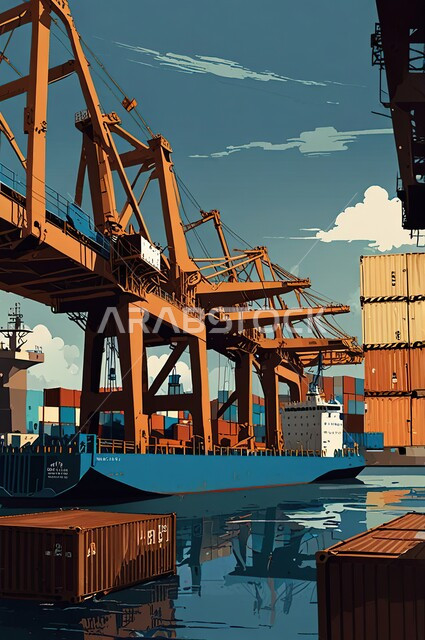 ساحة شحن البضائع في محطة الميناء، مفهوم التحميل والتفريغ والتسليم، مرفأ تجاري لتوصيل السلع والمنتجات المحلية في البحار، مفهوم التجارة والصناعة والاقتصاد البحري، استخدام الرافعات في تعبئة وشحن البضائع التجارية