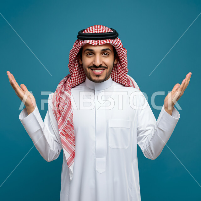 تحديد الحجم والكتله، بورتريه مقرب لرجل عربي خليجي سعودي مبتسم يرتدي الثوب التقليدي والشماغ يقف باستقامة يقوم برفع كفيه للأعلى لتحجيم شيء ما، النظر الى الكاميرا بتعابير الفرح والسرور، مفهوم تقديم وعرض عنصر معين، خلفية زرقاء