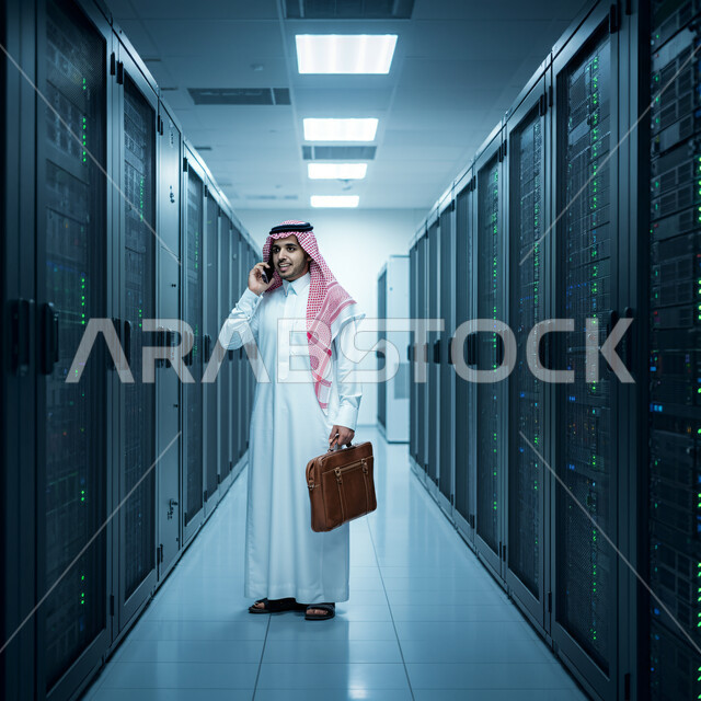 Control room of servers and internet servers, data storage network, a Saudi Arabian Gulf businessman wearing traditional thobe and shemagh holding a leather bag making a call via mobile phone standing in the data center, server and data storage yard, digital development and future technology