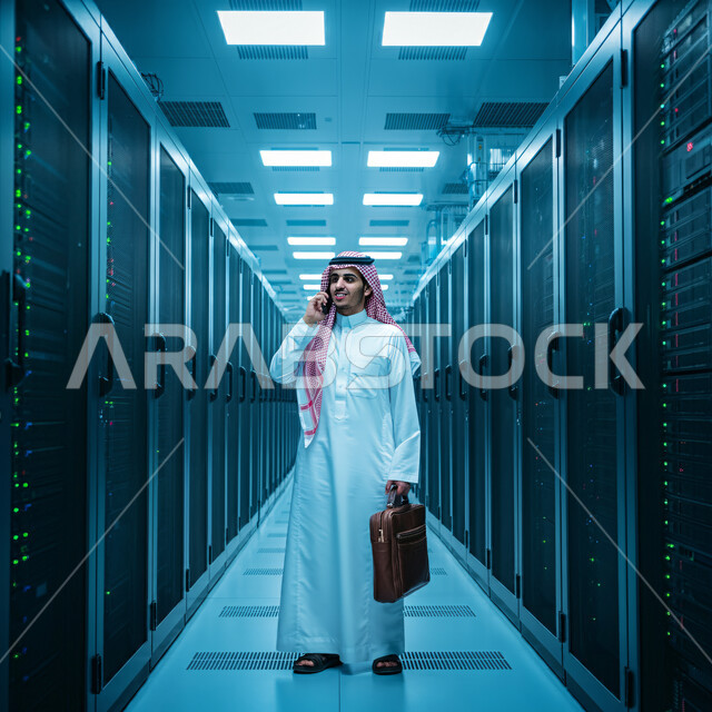 Control room of servers and internet servers, data storage network, a Saudi Arabian Gulf businessman wearing traditional thobe and shemagh holding a leather bag making a call via mobile phone standing in the data center, server and data storage yard, digital development and future technology