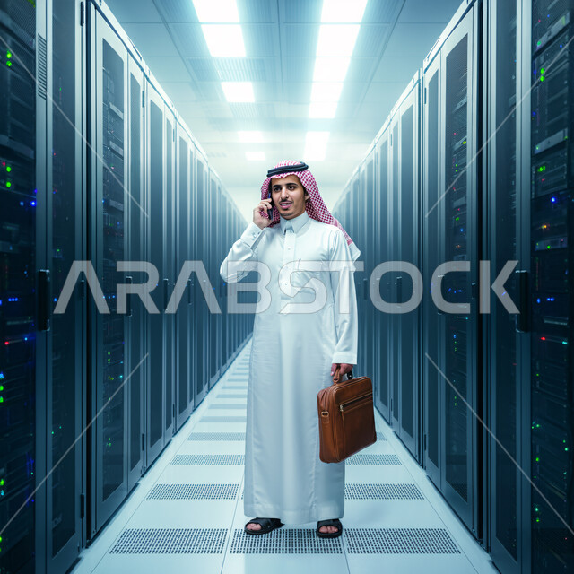 Control room of servers and internet servers, data storage network, a Saudi Arabian Gulf businessman wearing traditional thobe and shemagh holding a leather bag making a call via mobile phone standing in the data center, server and data storage yard, digital development and future technology