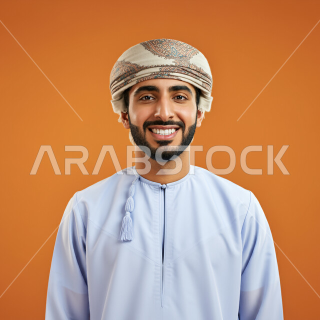 مفهوم الاناقة و الاهتمام بالمظهر الخارجي, بورتريه مقرب  لشاب عربي خليجي عماني مبتسم يرتدي الدشداشة و العمامة يقف باستقامة، النظر الى الكاميرا بإيماءات السعادة و السرور, خلفيه برتقالي