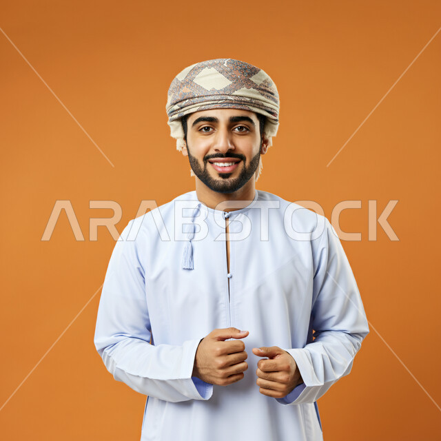 مفهوم الاناقة و الاهتمام بالمظهر الخارجي, بورتريه مقرب  لشاب عربي خليجي عماني مبتسم يرتدي الدشداشة و العمامة يقف باستقامة، النظر الى الكاميرا بإيماءات السعادة و السرور, خلفيه برتقالي
