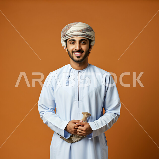 مفهوم الاناقة والرجولة والاهتمام بالمظهر الخارجي, بورتريه مقرب  لشاب عربي خليجي عماني مبتسم يرتدي الدشداشة و العمامة يضع الخنجر على خصره، النظر الى الكاميرا بإيماءات السعادة و السرور, خلفيه برتقالي