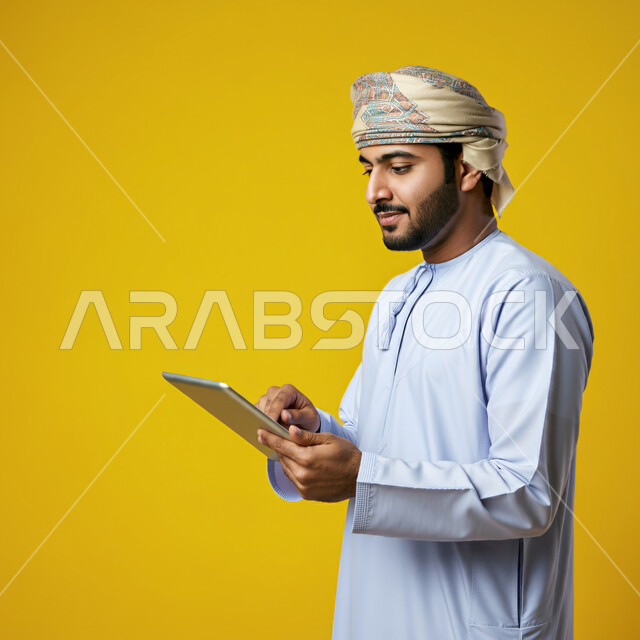 استخدام التكنولوجيا و التقنيات الحديثة, تصفح مواقع التواصل الاجتماعي، متابعة الأفلام والمسلسلات الممتعة، المحادثة مع الأهل والأصدقاء، بورتريه مقرب لرجل عربي خليجي عماني يرتدي الدشداشة والعمامة يحمل بيده جهاز التابلت، خلفية صفراء