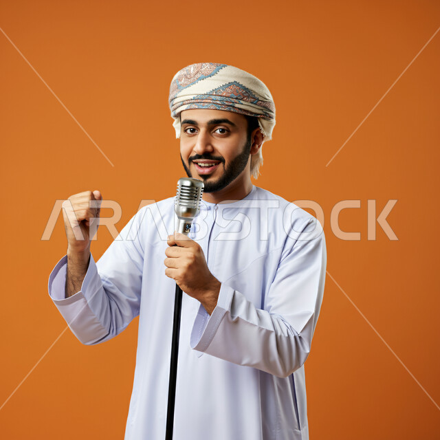 إلقاء المحاضرات وإقامة الندوات، بورتريه لشاب عربي خليجي عماني مبتسم يرتدي الدشداشة والعمامة يمسك بيده المايكروفون ينظر الى الكاميرا بتعابير السرور، العمل في تقديم الفقرات و  البرامج الفنية, خلفية برتقالي